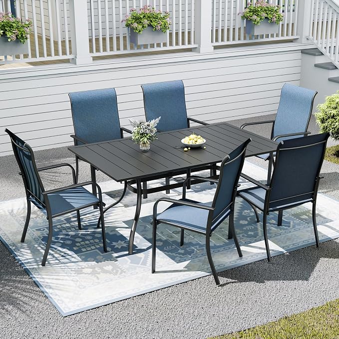 7pcs Patio Furniture Set, Outdoor Dining Table and Chairs Set | 63" Rectangle Metal Patio Table, Textilene Dining Chairs, Double-sized Umbrella Hole, Perfect for Garden Backyard Poolside