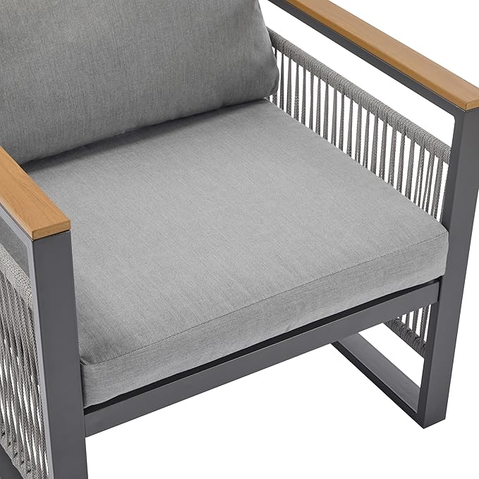 Christopher Knight Home Lena Patio 4 Pieces Conversation Set, Rope Woven Club Chairs and 3 Seater Sofa, Metal Frame Armchair, Slat Panel Coffee Table, Furniture Set for Backyard Garden Poolside, Gray