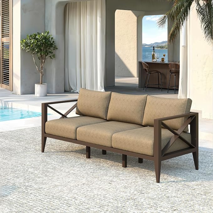 Outdoor Patio Sofa 3 Seat Couch with Cushions, Aluminum Patio Furniture Deep Seating Outdoor Couch for Backyard Deck Garden Conversation Area