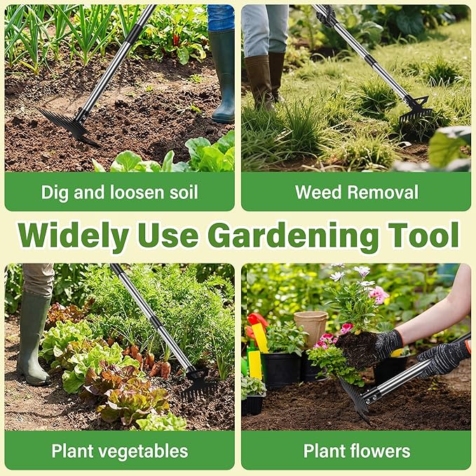 2 in 1 Weeding Puller Tool with Long Handle, 11 Tooth Manual Weed Remover Easy to Install, Uprooting Weed Pulling Tool for Yard, Lawn, Patio and Garden