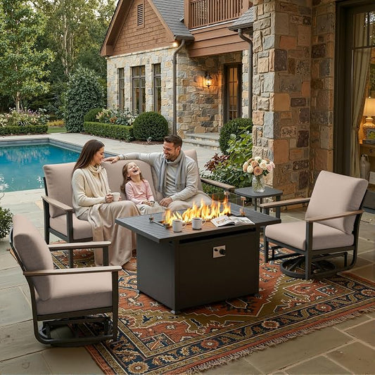 Aluminum Outdoor Patio Furniture Set, 5-Piece Outdoor Sofa with 5.1" Thick Cushions, Swivel Rocking Chairs, 55,000 BTU Propane Fire Pit Table, Outdoor Couch for Backyard, Balcony, Khaki