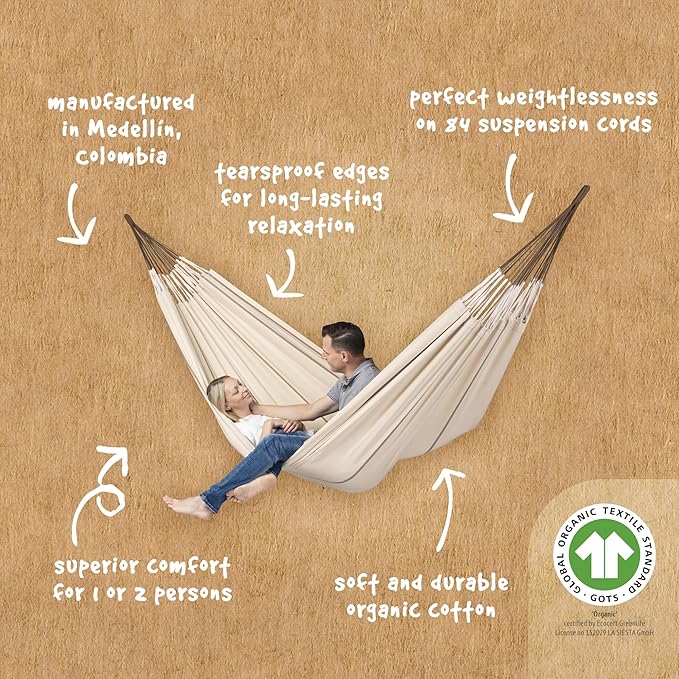 LA SIESTA Modesta Organic Cotton Hammock - Indoor/Outdoor, Bedroom to Backyard, 2 Person, Max 355 Lbs, Nougat