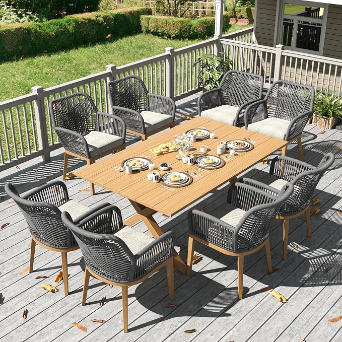 LayinSun Outdoor Dining Set for 8, 9 Pieces Patio Furniture Sets with Aluminum Dining Table and Rope Weave Chairs