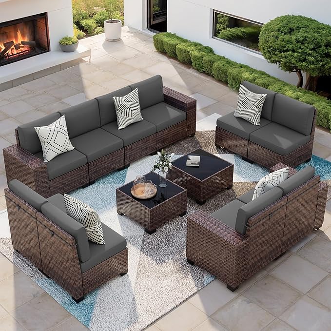 Patio Furniture Set, 12 Pieces Outdoor Sectional Sofa Conversation Sets with Waterproof Cover Modern Wicker Seating Set, 4'' Thickened Cushions & 2 Glass Coffee Table, Grey