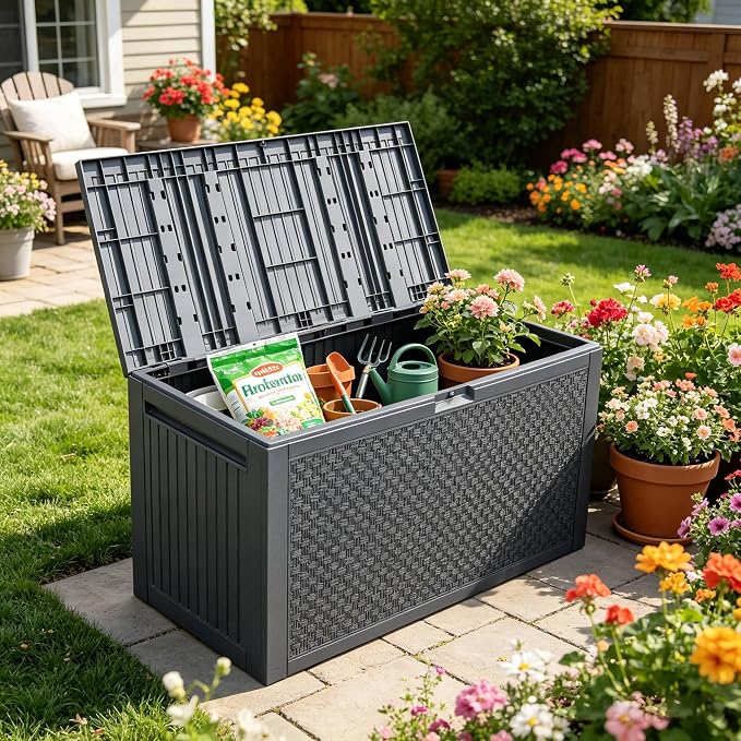 90 Gallon Large Outdoor Storage Box, Indoor and Outside Deck Box with Lockable Design Lids, Waterproof Resin Storage Containers Bin for Garden, Garage, Patio, Poolside, Toy Storage Grey