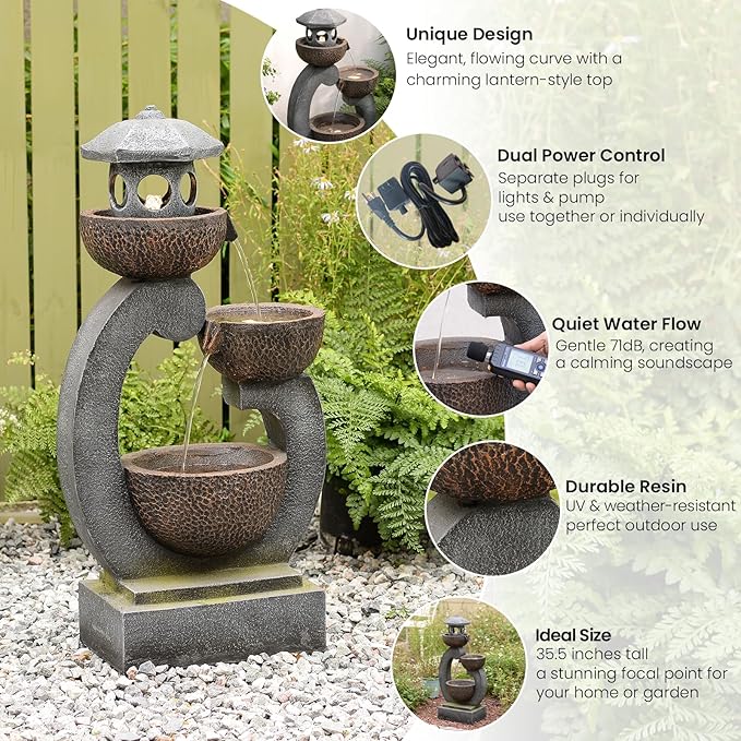 Tankana 36 inches Garden Water Fountain Outdoor Zen Pagoda Japaness Modern Tranquil Waterfalls Fountains Bowl with LED Lights & Pump for Patio Yard Porch Deck Home Decor Gray