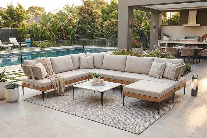 PURPLE LEAF Patio Furniture Set Outdoor Sectional Sofa with Cushions and Pillows Wicker L-Shaped 7 Pieces Aluminum Conversation Sets with Ottoman for Balcony Yard Garden Poolside, Oatmeal Greige