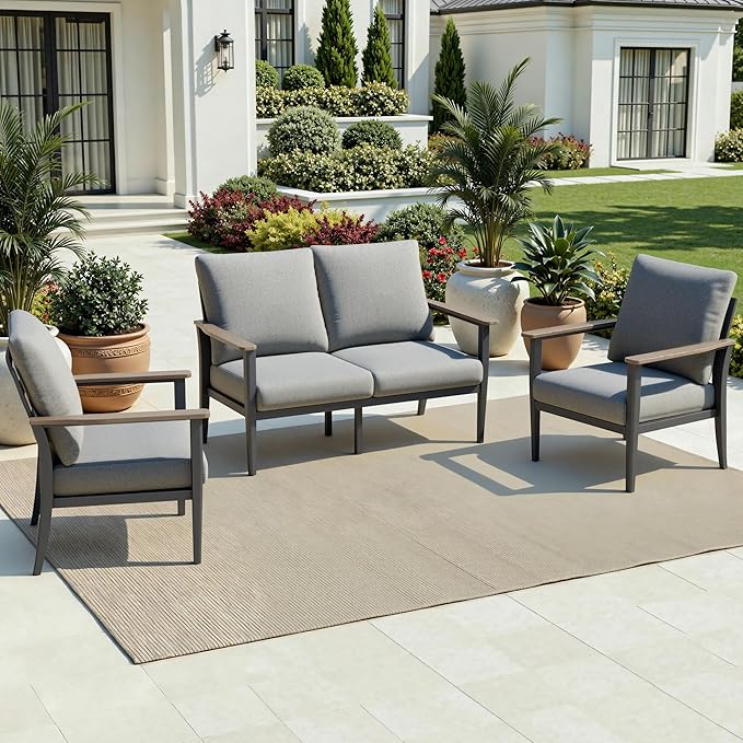 4-Seat Outdoor Patio Furniture Set Aluminum Sectional Sofa Set, Patio Conversation Set with High Backrest & Thickened Cushions for Garden, Backyard, Poolside, Grey