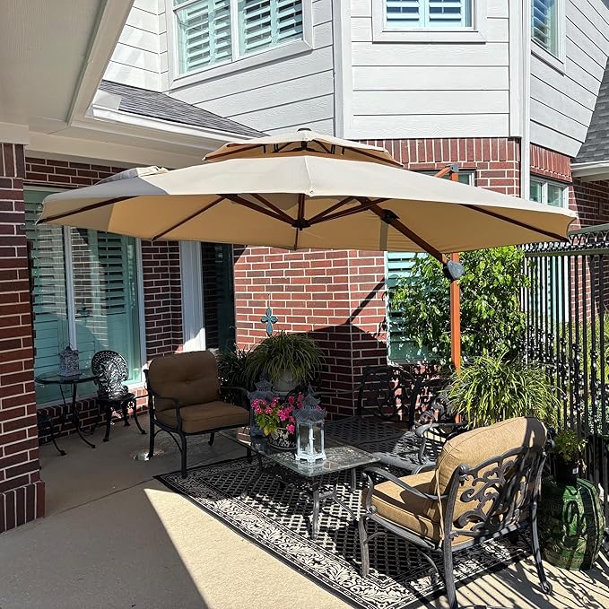 PURPLE LEAF Cantilever Umbrella with Base Outdoor Round Umbrellas Large Cantilever Umbrella Windproof Offset Heavy Duty Sun Umbrellas for Garden Deck Pool Patio, 11ft Beige