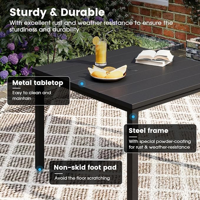 DIFY 5 Pieces Patio Dining Set, 40.2" Black Square Dining Table with Umbrella Hole and 4 Blue Swivel Patio Chairs, All Weather Metal Outdoor Dining Furniture Set for Lawn Garden Balcony
