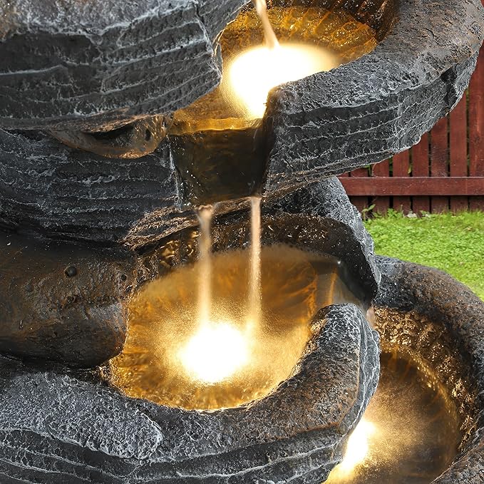 Outdoor Garden Water Fountain, 5 Tiers Cascading Rock Waterfall, 26.4" H Waterfalls Resin Fountain with 4 LED Lights and Dicky Bird, Natural Modern Art Decor for Indoor and Patio Porch