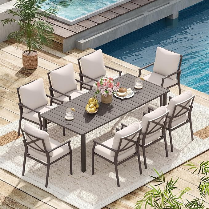 HAPPATIO Patio Dining Set, Metal Outdoor Table and Chairs Set for 8, Powder-Coated Metal Chairs with Thickened Cushions, 60" Rectangular Table with 1.5" Umbrella Hole for Deck Yard Lawn