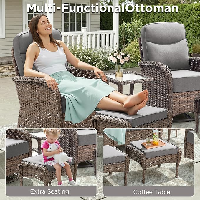 Luxury Outdoor Patio Furniture Set with 6-Inch Thick Cushions, 9 Pieces Wicker Outdoor Furniture with High Back Swivel Patio Chairs Set of 4, Outdoor Patio Conversation Set for Deck Garden, Gray
