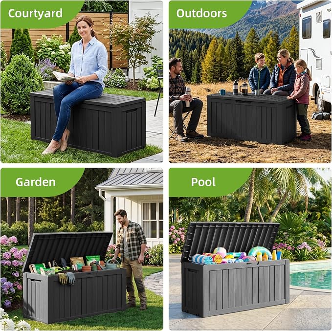 85 Gallon Outdoor Storage Deck Box Waterproof Resin Lockable Outside Bench Porch Patio Furniture Pool Float Garden Tool Cushion UV Resistant Bin Black