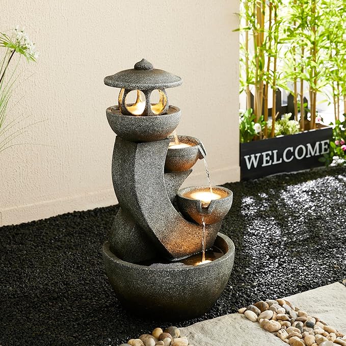 Glitzhome Pagoda Outdoor Water Fountain with LED Light, 4-Tier Oversized Cascading Stacked Stone Waterfall Fountains, Natural Stone Look Outdoor Fountain for Garden Patio Porch, 32”H