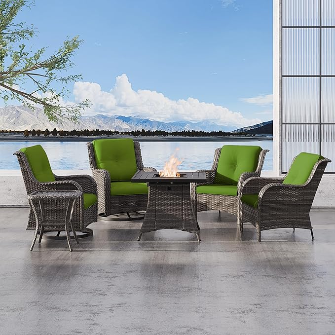 6 Pcs Patio Furniture Set with Fire Table-31'' Fire Pit Table, 1 Side Table, 4 Outdoor Rattan Wicker Conversation Chairs (2 Fixed & 2 Swivel) （Green）