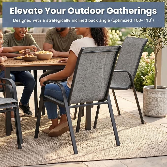 VICLLAX Outdoor Dining Set for 8, All Weather Metal 9 Pieces Patio Set-53 Round Outdoor Table and Stackable Chairs for Lawn Garden and Backyard, Grey Tabletop