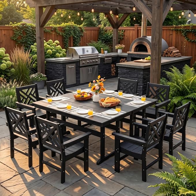 HDPE Outdoor Dining Set,10-Piece Outdoor Table and Chairs Include 8 Dining Chairs and 2 Pcs 62.5" Patio Dining Table with Umbrella Hole (Black)
