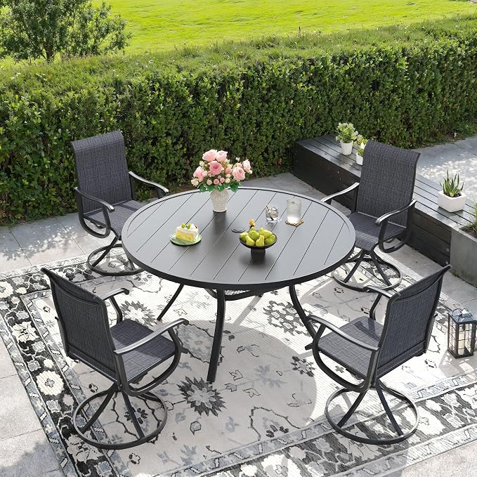 DIFY Outdoor Dining Set for 4, 5 Piece Patio Table and Chairs Set, Swivel Patio Dining Chairs with Dark Grey Textilene & 47.2" Black Round Metal Dining Table with Umbrella Hole, for Garden Backyard
