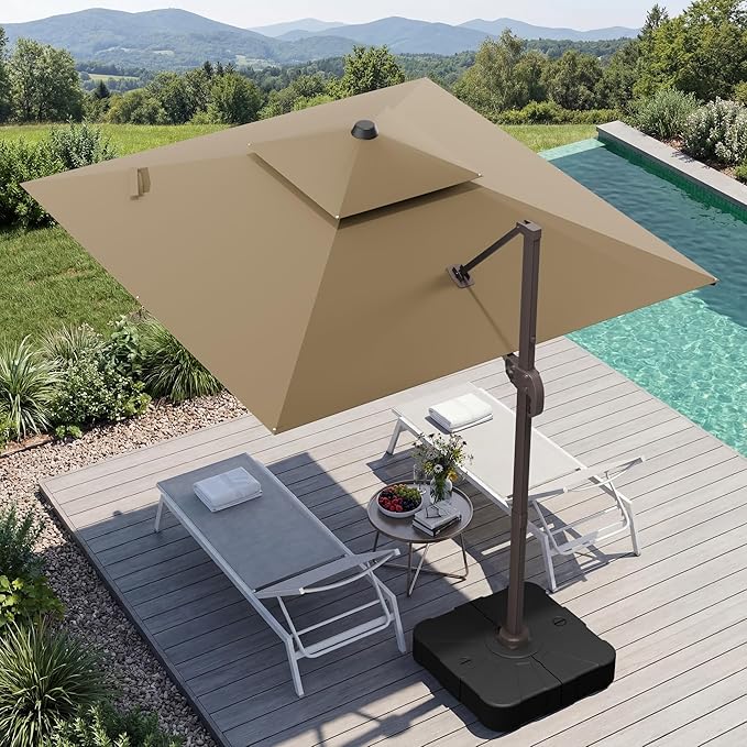 GENTEACO 10X10 FT Cantilever Umbrella with Base Included, Large Offset Patio Umbrella with Double Top, 6 Angle Tilts & 360° Rotation, Large Square Sun Umbrellas for Outdoor Pool Market, Tan