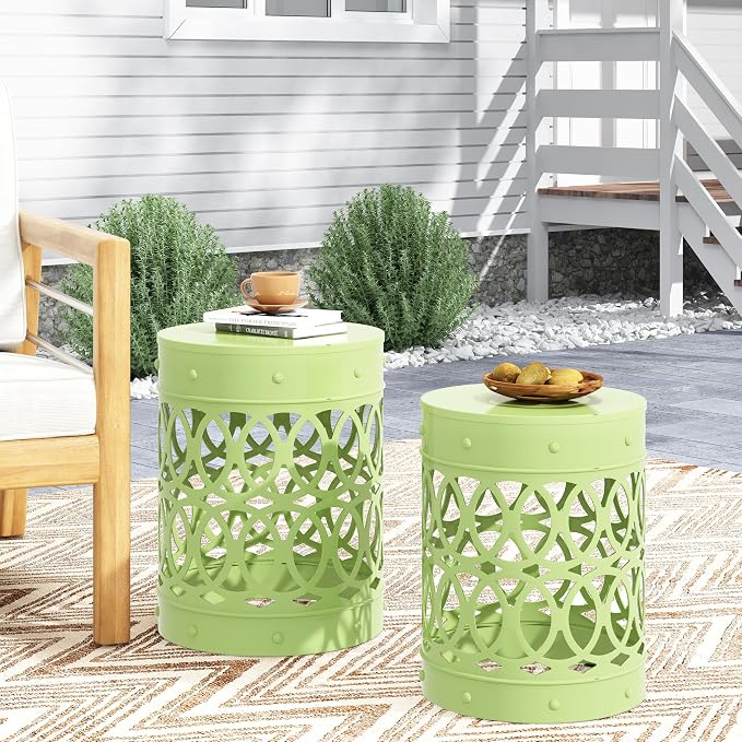 Set of 2 Round Metal Patio Side Tables Steel Accent End Tables with Geometric Circle Cut-Outs Weather Resistant Small Outdoor Furniture for Deck Pool Yard Balcony No Assembly,Green
