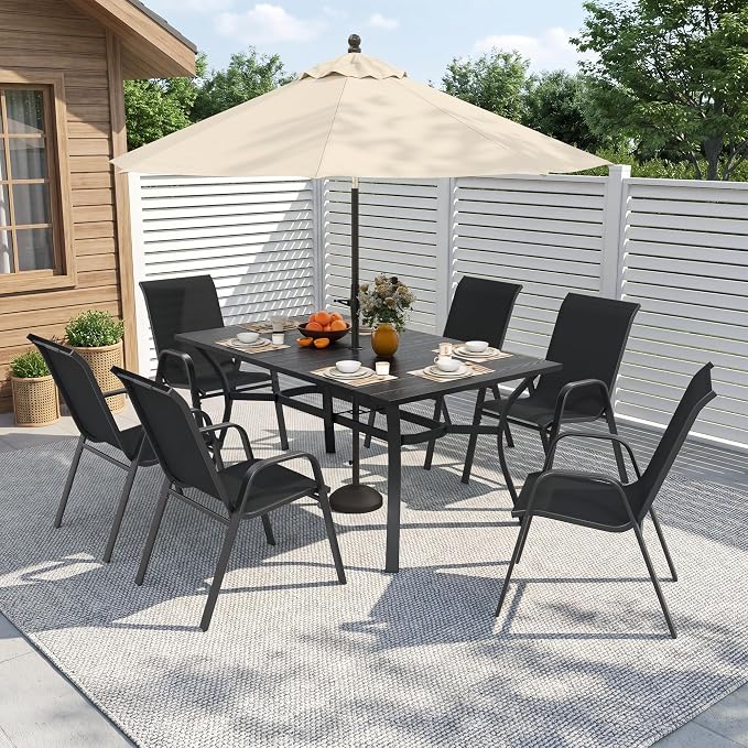 Outdoor Dining Set for 6, Patio Metal Table and Chairs Set with 1.97'' Umbrella Hole, 7pcs Patio Furniture Set 63”x37.8” Dining Table Set with Stackable Chairs for Backyard Pool Deck