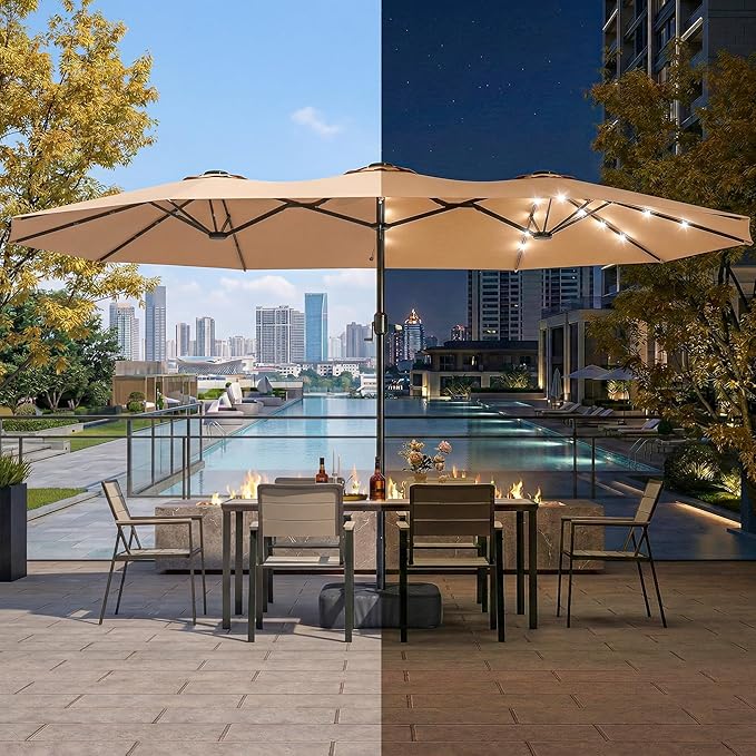 EO Living 13ft Large Patio Umbrella with Solar Lights, Double-Sided Rectangle Outdoor Umbrella with Base Included, 24 LED Lights Table Umbrella for Poolside Deck Market (Beige)