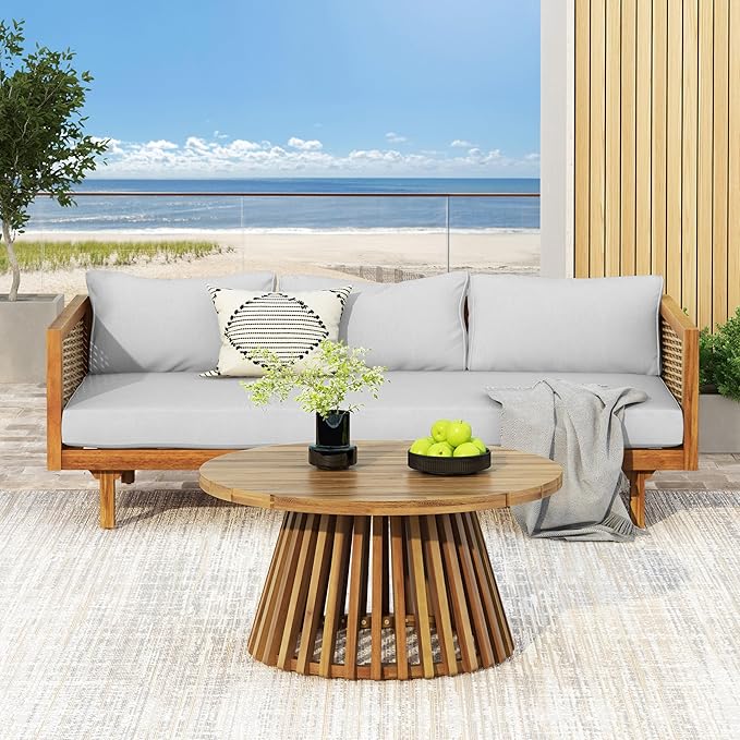 Christopher Knight Home Charm Patio Conversation Set, 3 Seater Acacia Wood Sofa, Spacious Seating Wicker Armrest Chair, Wood Coffee Table, Round Side Table, Outdoor Furniture for Garden, Light Gray