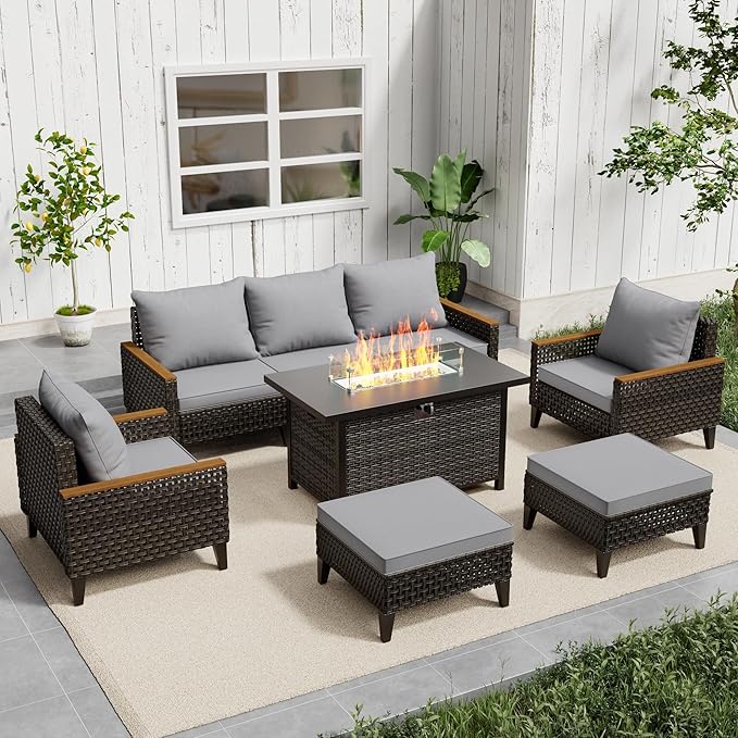 8 Piece Patio Sectional Sofa Set with 50000 BTU Fire Pit Table, All-Weather Wicker Rattan Outdoor Conversation Set, High Back, for Garden, Porch, Poolside, Gray