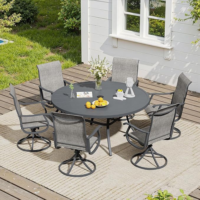 VICLLAX 7 Pieces Outdoor Dining Set, Patio Dining Furniture Set of 6 Patio Swivel Dining Chairs and 50" Patio Round Table, Grey Chairs & Dark Grey Tabletop