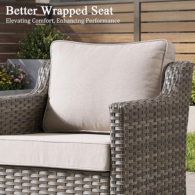 Luxury Patio Furniture sofa Set - 3 Pieces All Weather Wicker Outdoor Couch and High Back Swivel Rocker Patio Chairs with Glass coffee table for Deck Yard and Poolside Beige Cushions | Gray Wicker