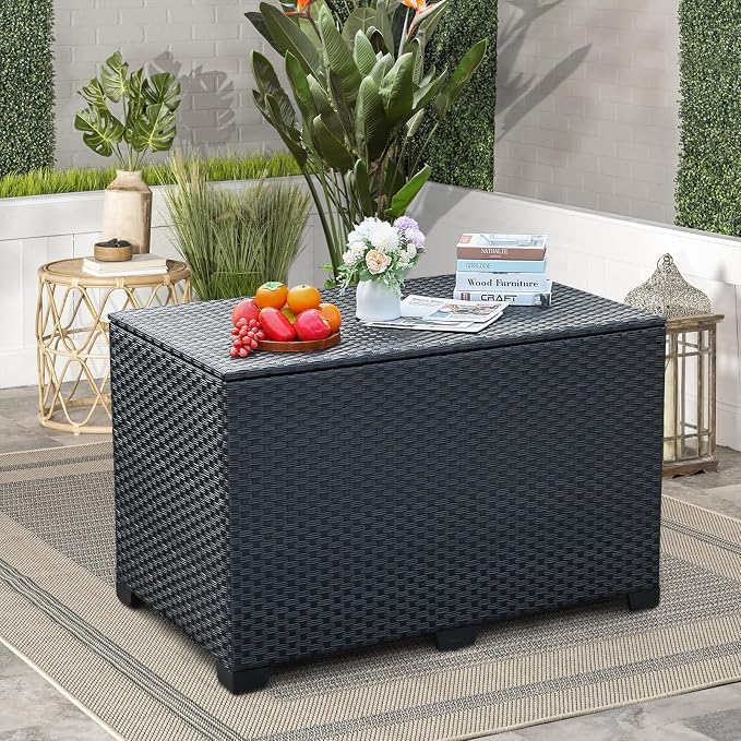 Rattan Star 140 Gallon Patio Storage Bin Wicker Outdoor Storage Box Waterproof Lining Bag Large Deck Box and Cushion Storage Bin Outdoor, Black Wicker