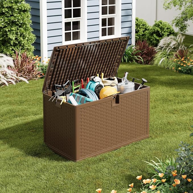 120 Gallon Large Outdoor Deck Storage Box, Waterproof UV Resistant Resin Patio Storage Bin, Lockable Heavy Duty Deck Chest Bench for Patio Cushions Garden Tools Pool Supplies, Brown