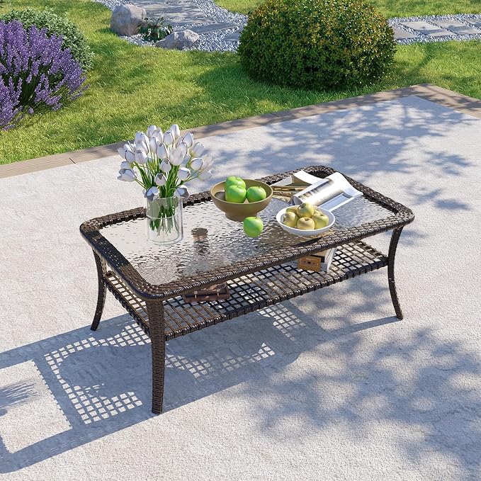 LazySunsets Outdoor Coffee Table with Storage Wicker Patio Coffee Table, Tempered Glass Top Table for Patio Outside Balcony Porch Deck, Brown