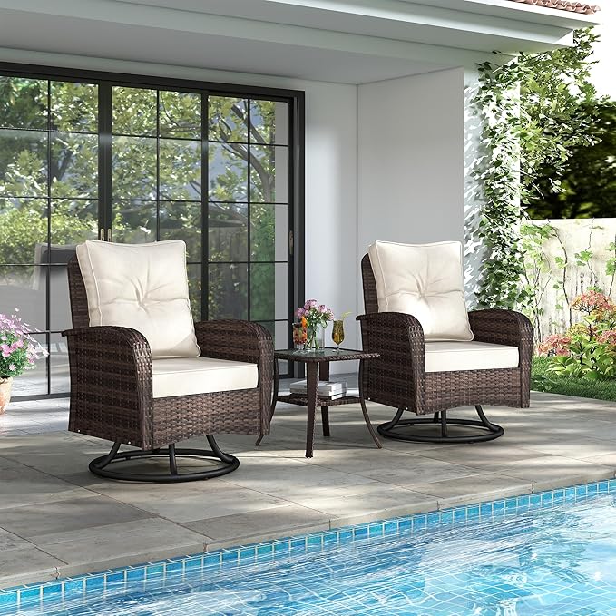 Kromax Outdoor Patio Furniture Set, All-Weather Wicker Swivel Glider Chairs Set of 2 with Coffee Table Table & Thick Machine Washable Cushions for Backyard, Garden, Porch, Brown/Beige
