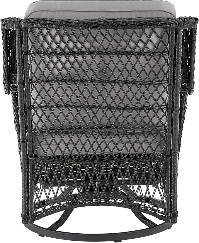 Manhattan Comfort Fruttuo 3-Piece Patio Conversation Set, Swivel Steel Rattan Chairs with Removable Cushions & Tempered Glass End Table, Weather-Resistant Outdoor Furniture for Backyard & Porch, Grey