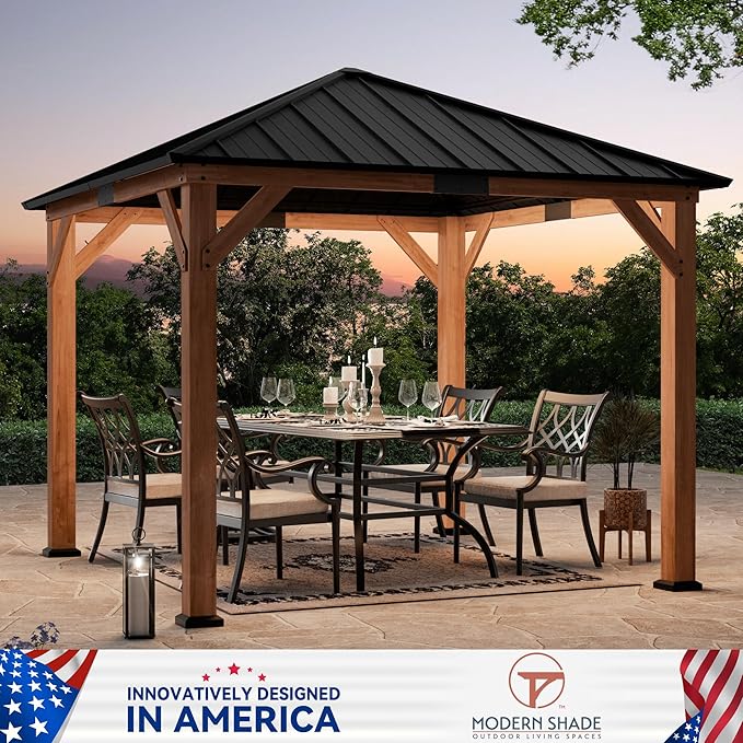 Modern Shade Tranquil Grove Wood Gazebo 10' x 10', Hardtop Gazebo Permanent with Galvanized Steel Roof, Cedar Outdoor Gazebo with Sturdy Hooks for Garden, Backyard, Patio and Deck