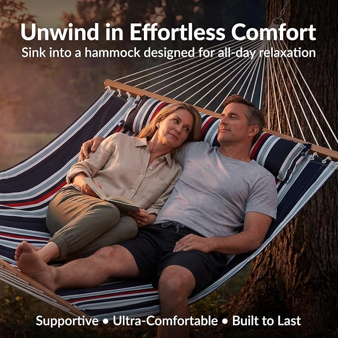 Sunnydaze Quilted Double Hammock for Outside with Spreader Bars and Pillow - 450 lb Capacity, 74x55 Inch Bed, UV Resistant, Quick Dry - Chains Included, Stand Sold Separately - Nautical Stripe
