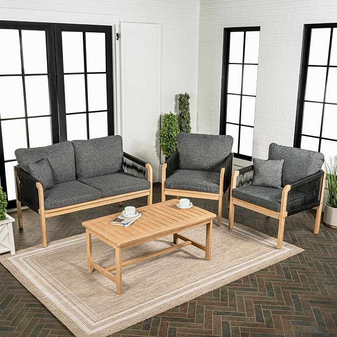 JONATHAN Y Tavira Coastal 4-Piece Acacia Wood Outdoor Patio Set, Black Woven Rope Conversation Furniture with Coffee Table and Removable Dark Gray Cushions for Backyard, Garden, Porch LVG1202B-4SET