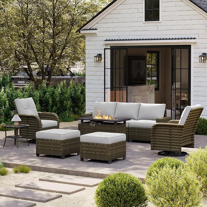 LazySunsets Luxury Patio Furniture Set with Fire Pit Table，All-Weather Patio Sectional Sofas with Thickened Cushions, 9 Piece Outdoor Furniture Sectional Set with Swivel Rocker Chairs of 2，Grey