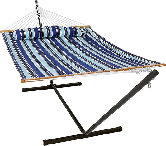 Sunnydaze Quilted Double Hammock with Stand for Outside - 350-Pound Capacity 2-Person Hammock with Stand - 12-Foot Stand - Catalina Beach