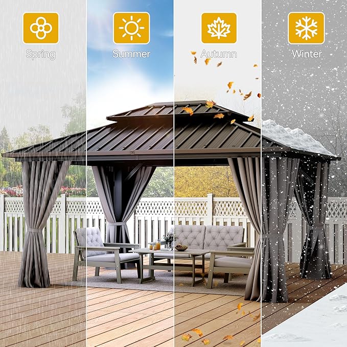 DWVO 10x12ft Hardtop Gazebo Double Roof with Nettings and Curtains, Heavy Duty Galvanized Steel Outdoor Vertical Stripes Roof for Patio, Backyard, Deck, Lawns, Grey