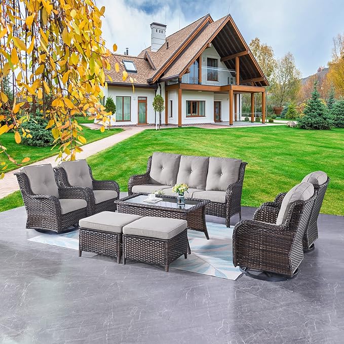 Rilyson Wicker Patio Furniture Set - 8 Piece Rattan Outdoor Sectional Conversation Sets with 4 Swivel Rocking Chairs,2 Ottomans,1 Sofa and 1 Coffee Table for Porch Deck Garden(Brown/Grey)