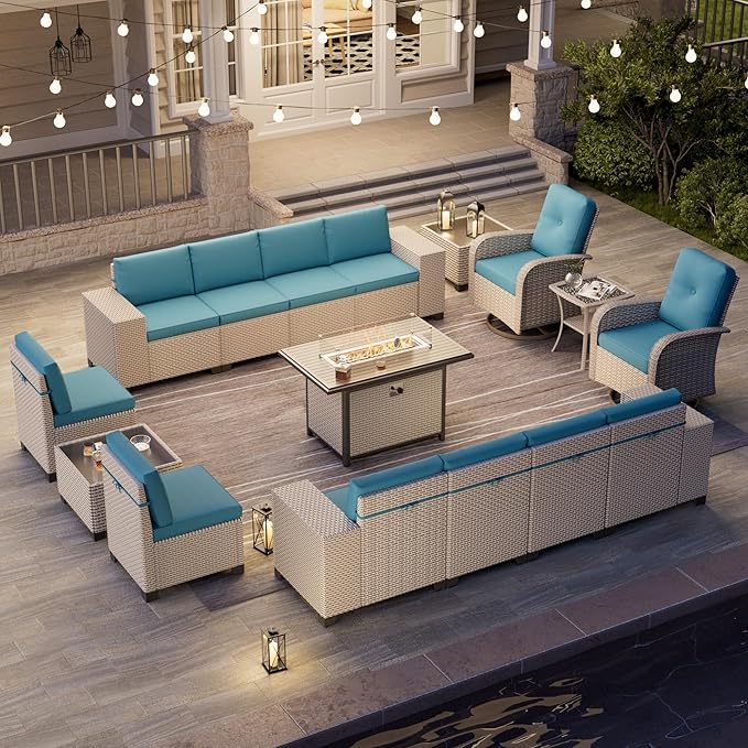 16-Piece Outdoor Patio Furniture Set, Modular Sectional Sofa Set with Swivel Rocker Chairs & Fire Pit, Wicker Outdoor Couch Conversation Sets w/Coffee Table and Cushions, Turquoise