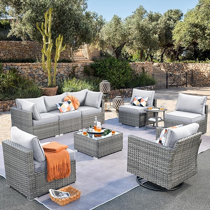 ovios Outdoor 9 Piece Coversation Set with Swivel Rocking Chair,Sectional Patio Furniture Set with All-Weather Wicker Sofa,Modern Outside Couch for Balcony Backyard Pool, Grey