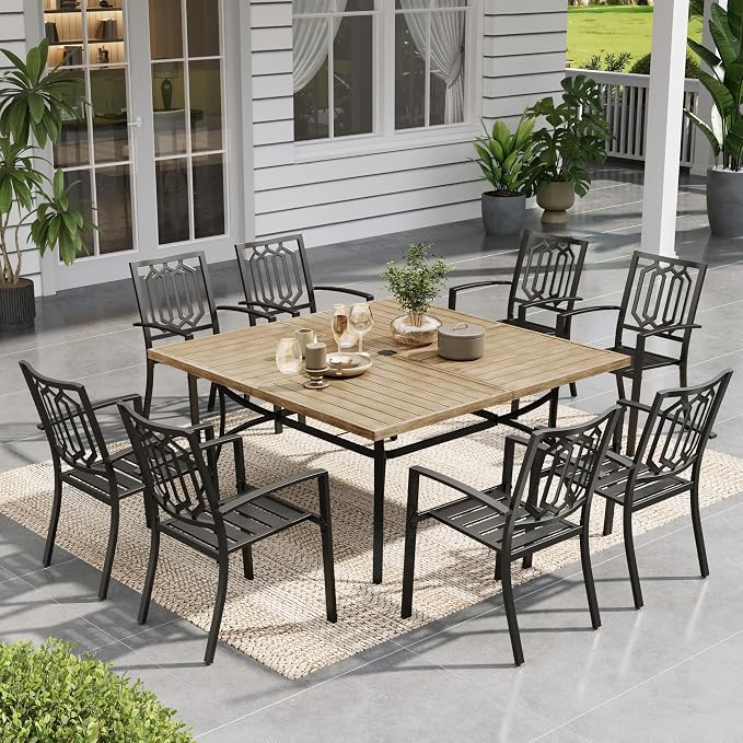 Sophia & William Patio Table and Chairs Set, Outdoor Dining Set for 8, 9 Piece Metal Patio Furniture, 57.5" Square Table with Wood-Like Tabletop(Geometry)