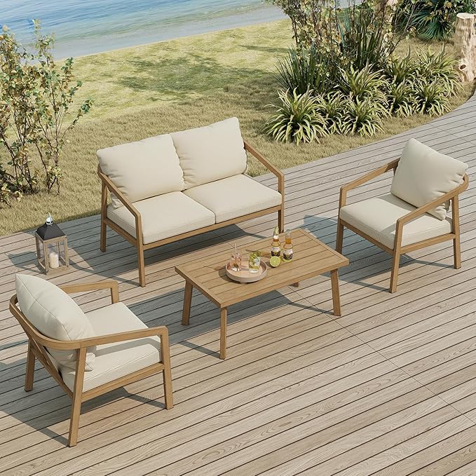 4 Pieces Outdoor Sofa Set, Never-Rust Aluminum Patio Conversation Set with Removable Cushions, Patio Furniture Set with Patio Loveseat, 2 Sofa Armchairs and Coffee Table for Pool, Deck, Teak