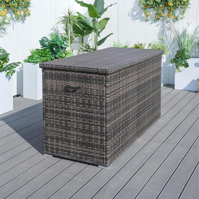 160 Gallon Wicker Deck Box Waterproof Outdoor Storage with Aluminum Frame, Brown Patio Furniture Storage for Cushions, Pillows & Garden Accessories, 66.93