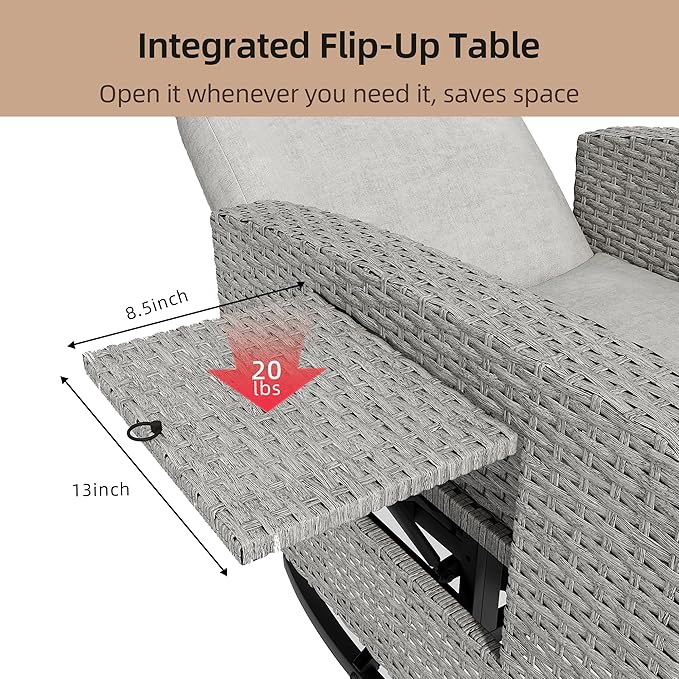 Outdoor Recliner Chair Set of 2,Reclining Patio Chair with Adjustable Back and Extended Footrest,All-Weather Wicker 360° Swivel Chairs with Flip-up Table for Pool Deck Balcony
