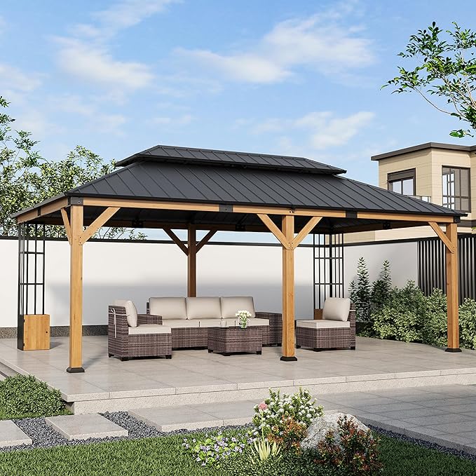 12' x 20' Hardtop Gazebo,Outdoor Cedar Wood Frame Permanent Pavilion with Double Galvanized Steel Roof,Pergola with Lockers & Storage Racks for Patio Lawn Backyard Deck